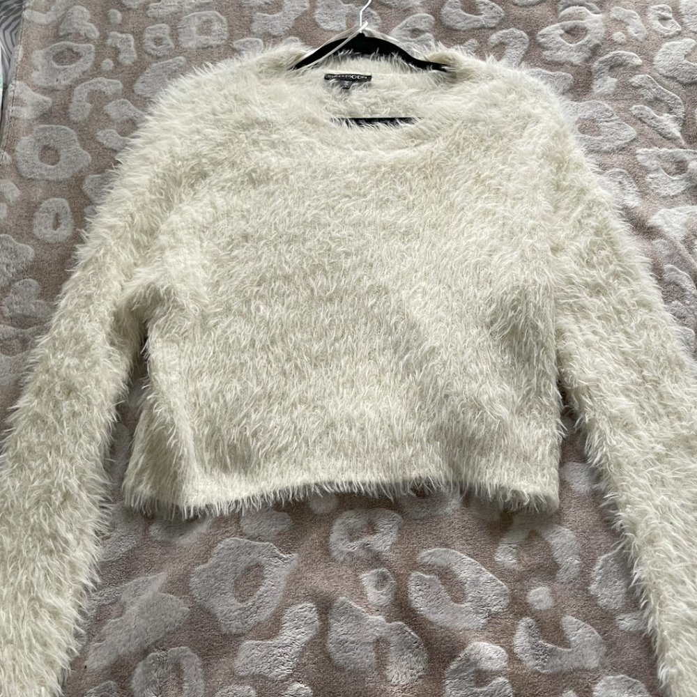 White Fuzzy Eyelash Crop Sweater